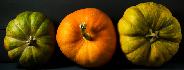 Green and orange pumpkins. Autumn vegetables. Halloween background.