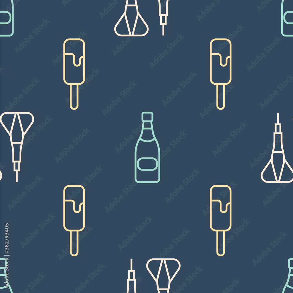 Poster set line dart arrow, ice cream and champagne bottle on seamless pattern. vector.