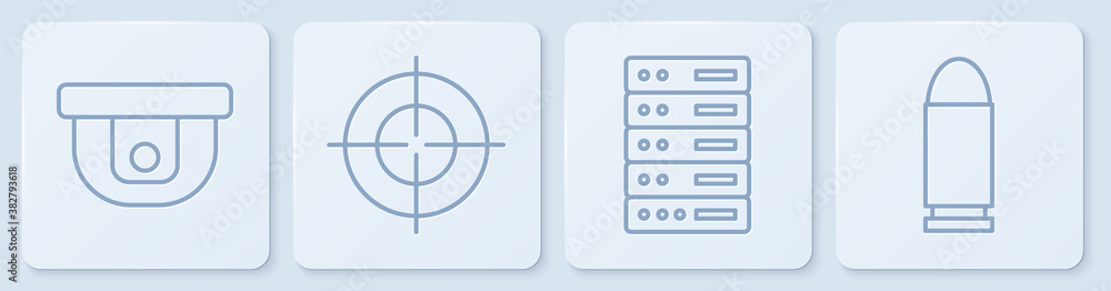 Aufkleber set line motion sensor, server, data, web hosting, target sport and bullet. white square button. vec