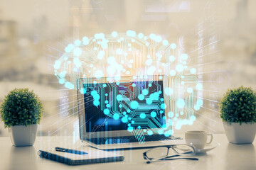 Double exposure of desktop with computer and brain drawing hologram. Artificial intelligence concept.