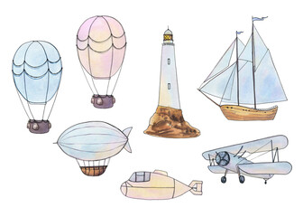 Little dreamer is a collection of hand-drawn watercolor and vector line art kids illustrations of air balloon, lighthouse, ship, airship, airplane, submarine, constellations, clouds, hearts and stars.