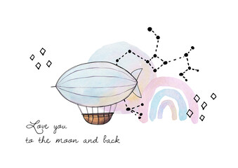 Little dreamer is a collection of hand-drawn watercolor and vector line art kids illustrations of air balloon, lighthouse, ship, airship, airplane, submarine, constellations, clouds, hearts and stars.