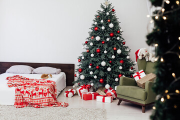Christmas tree pine Christmas decoration bedroom interior with bed and gifts