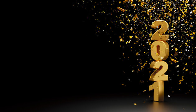 Happy new year 2021 and foil confetti falling on black background 3d render
