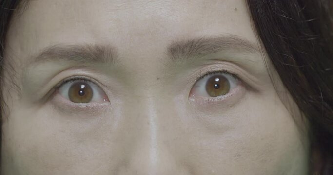 Slow motion, close-up, eyes of a frightened Japanese woman, London, UK