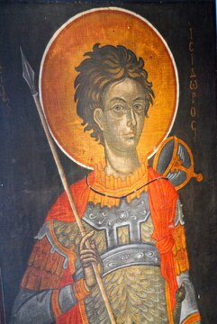 Fresco of Saint Isidoros inside the church of Saint Isidoros at Gourna beach in Leros island, Greece.