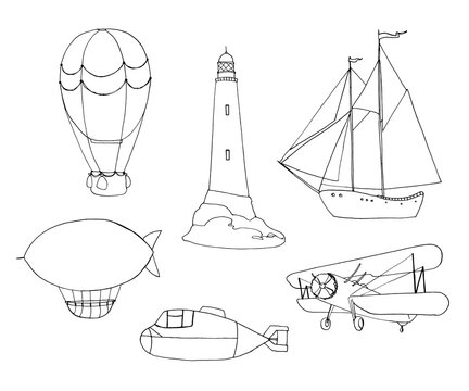 Little dreamer is a collection of hand-drawn watercolor and vector line art kids illustrations of air balloon, lighthouse, ship, airship, airplane, submarine.