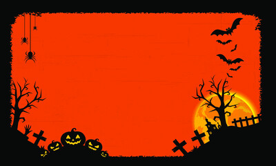 Halloween border with Moon and pumpkins,Halloween Banner with Spider and Bats