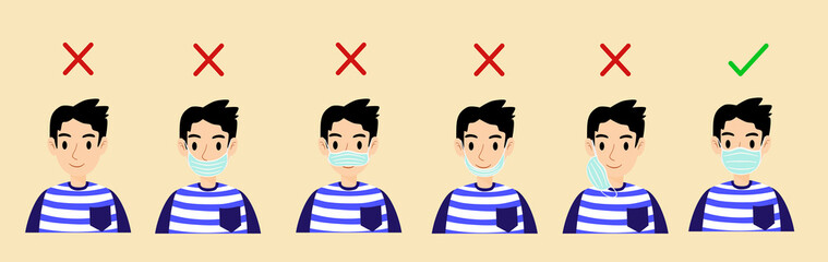 Six men showing how to wearing face mask correctly and incorrectly in flat design. The correct wearing mask are prevent the spread of the coronavirus and Covid-19 disease-vector and illustrations.