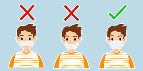 Three men showing how to wearing face mask correctly and incorrectly in flat design. The correct wearing mask are prevent the spread of the coronavirus and Covid-19 disease.