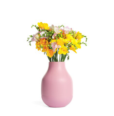 Beautiful blooming freesias in pink vase isolated on white