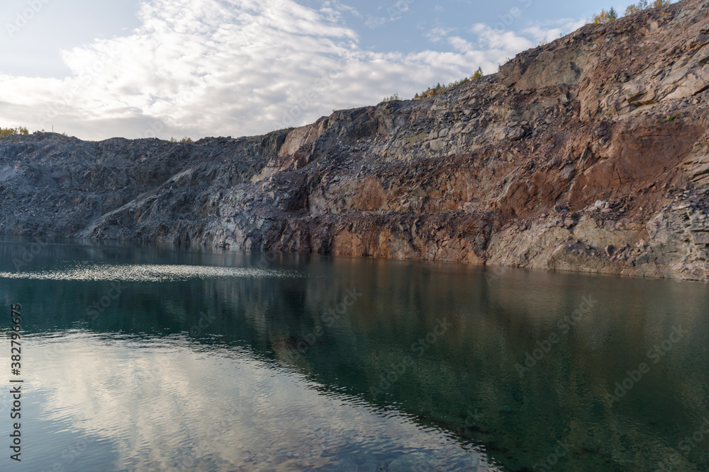 Poster abandoned quarry for mining. horizontal frame