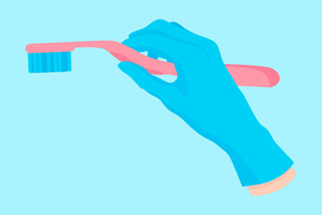 Vector cartoon hand of a dentist in a blue glove that hold a dental instrument: manual toothbrush for oral care.