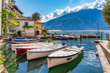 Limone, town on Garda Lake, Lombardy, Italy - obrazy, fototapety, plakaty
