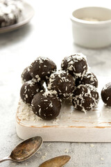 Healthy energy protein balls with oats, nuts and dried fruits. Vegan bites.