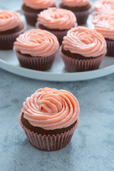 delicious chocolate cupcakes with strawberry buttercream, selective focus. Copy space.