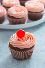 Chocolate cupcake with strawberry buttercream and cherry on top, sweet food.