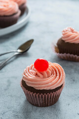 Chocolate cupcake with strawberry buttercream and cherry on top, sweet food.