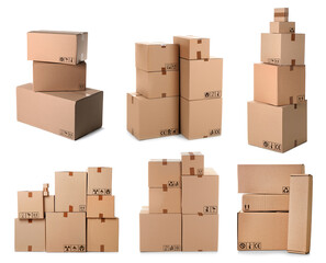 Fototapeta premium Set of parcels with different packaging symbols on white background