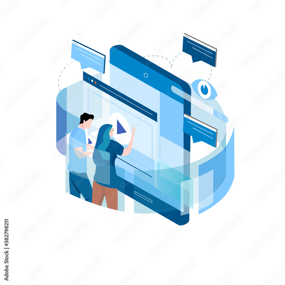 Canvas Prints Modern isometric concept for video ad, video marketing campaign, digital content promotion, online advertisement vector illustration. Digital video message, online tutorial for mobile and web graphics