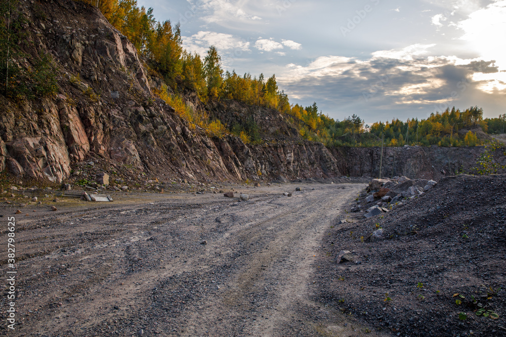 Poster abandoned quarry for mining. horizontal frame