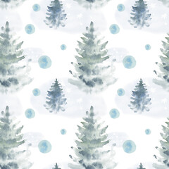 Watercolor Christmas tree seamless pattern. Winter, Christmas, New Year theme.