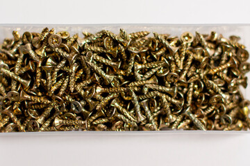 Screw on white background. Macro carpentry tool