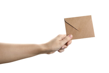 Woman holding kraft paper envelope on white background, closeup