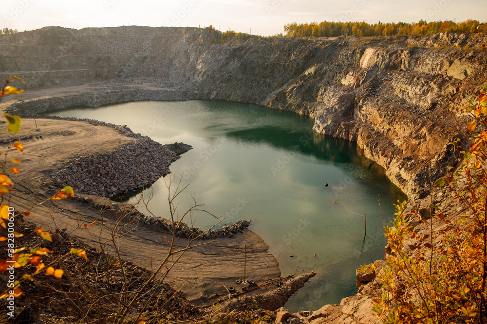 Poster abandoned quarry for mining. horizontal frame