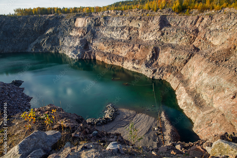 Poster abandoned quarry for mining. horizontal frame