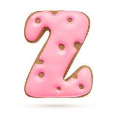 Capital letter Z. Pink gingerbread biscuit isolated on white.
