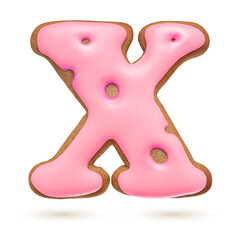 Capital letter X. Pink gingerbread biscuit isolated on white.