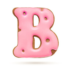 Capital letter B. Pink gingerbread biscuit isolated on white.