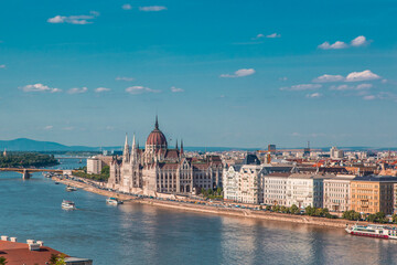 Fototapeta na wymiar The Parliament building of Hungary in Budapest, along the Danube river.