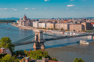 The panorama view of the skyline in Budapest, Hungary, with Széchenyi Lánchíd over the Danube,...