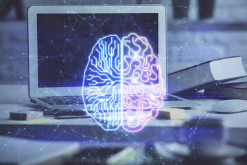 Obraz premium Double exposure of work space with computer and human brain drawing hologram. Brainstorm concept.