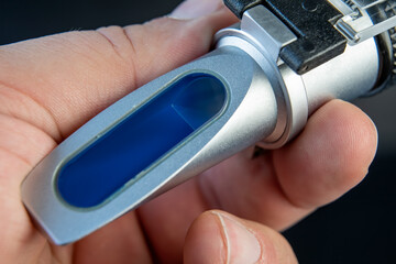 Refractometer,  Macro photography, the front part where the liquid is measured .Refractometer  a...