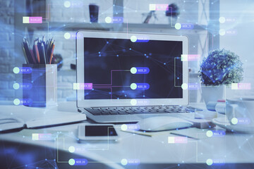 Fototapeta premium Multi exposure of desktop computer and technology theme hologram. Concept of software development.