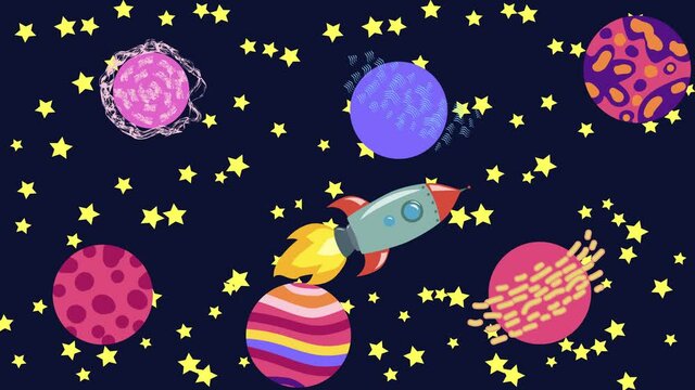 Cartoon Space. Cartoon rocket flies in outer space past the suspended planets, satellites and other objects. Flat loopback animation.