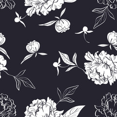 Vector floral seamless pattern with elegant white peony flowers, buds and leaves in line shape on black background