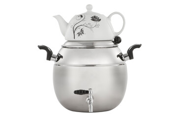 Kitchen kettle and teapot on white background