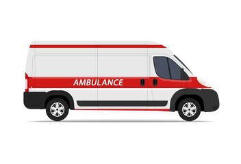 Vector illustration ambulance car on white background. Ambulance auto paramedic emergency. Ambulance vehicle medical evacuation.
