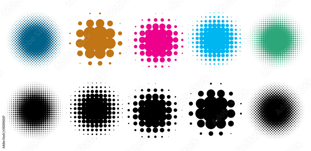 Aufkleber colorful halftone vector pattern, texture design element set. circles, dots, screentone illustration