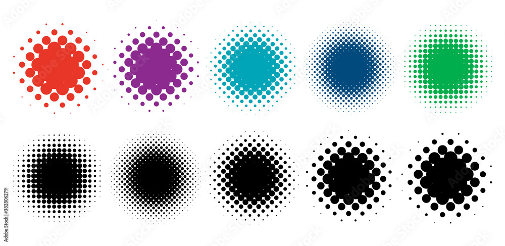 Aufkleber colorful halftone vector pattern, texture design element set. circles, dots, screentone illustration