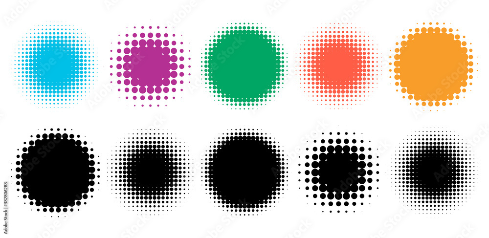 Aufkleber Colorful halftone vector pattern, texture design element set. Circles, dots, screentone illustration. Freckle, stipple-stippling, speckles illustration. Pointillist vector art