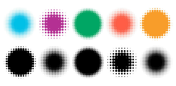 Colorful halftone vector pattern, texture design element set. Circles, dots, screentone illustration. Freckle, stipple-stippling, speckles illustration. Pointillist vector art