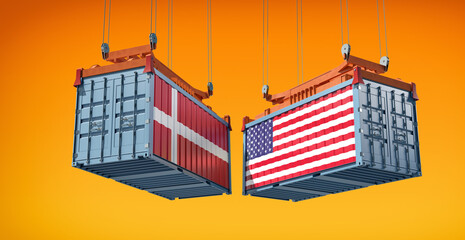Freight containers with Denmark and USA national flag. 3D Rendering