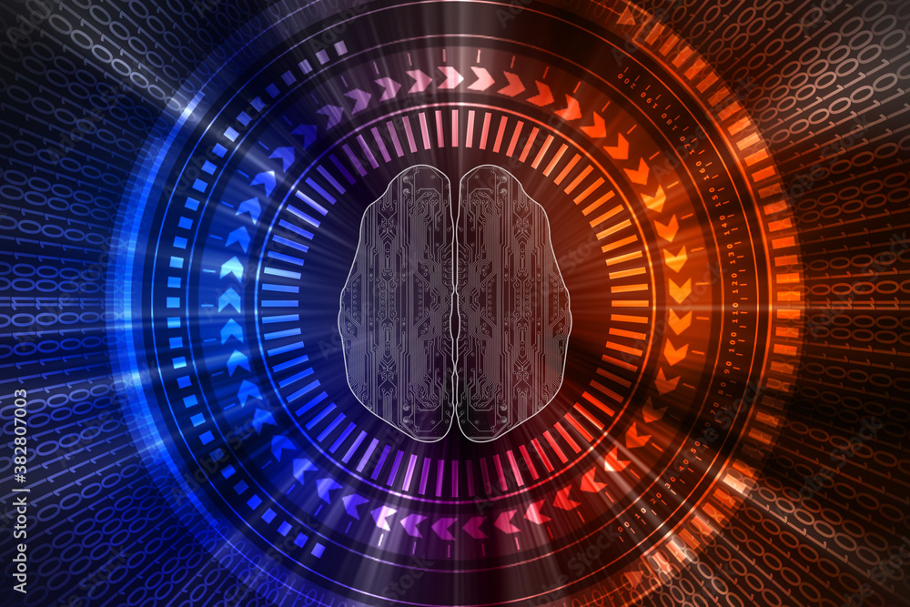 Poster 2d illustration concept of thinking, background with brain, abstract artificial intelligence. techno