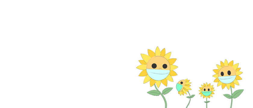 Sunflowers cartoon characters wear a face masks on a white background, Background image.	