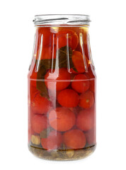 Jar of pickled tomatoes isolated on white